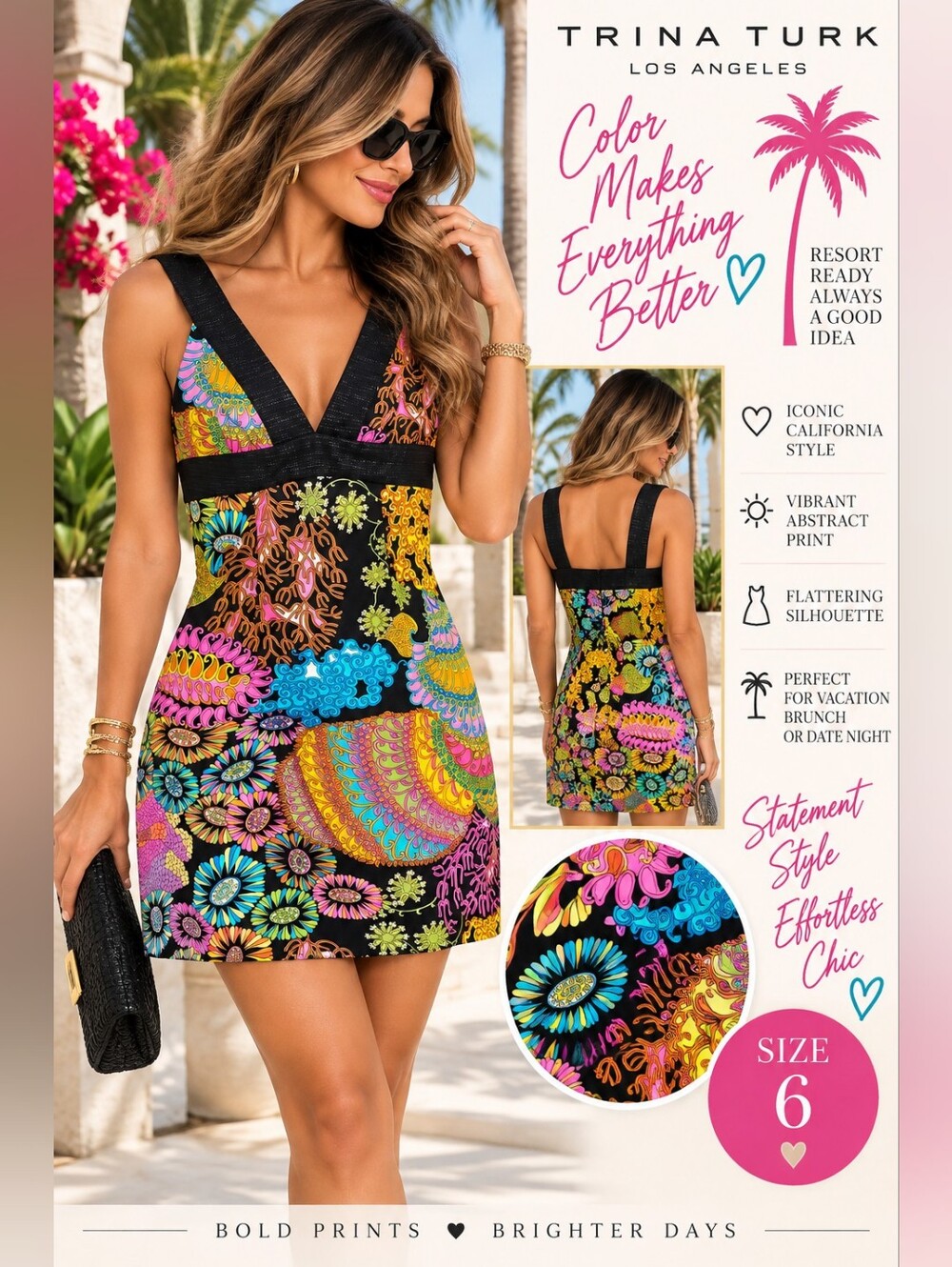 Trina Turk Psychedelic Abstract Print Mini Dress Black Multicolor Size 6